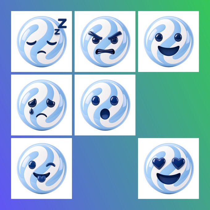 A collection of seven blue and white swirled, 3D-rendered emoji-style faces displaying various emotions: sleeping, angry, happy, sad, shocked, winking with tongue out, and heart-eyes.