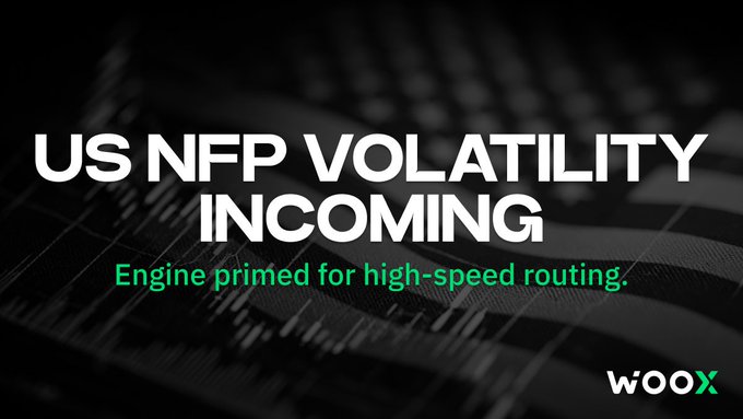 The image features an advertisement for a company called Woox. It displays a close-up of an American flag with the text "US NFP VOLATILITY INCOMING" written above it, indicating that the Woox engine has been primed for high-speed routing and is ready to handle severe liquidity tests worldwide. The image also includes a banner at the bottom that reads "wooxpro.com".