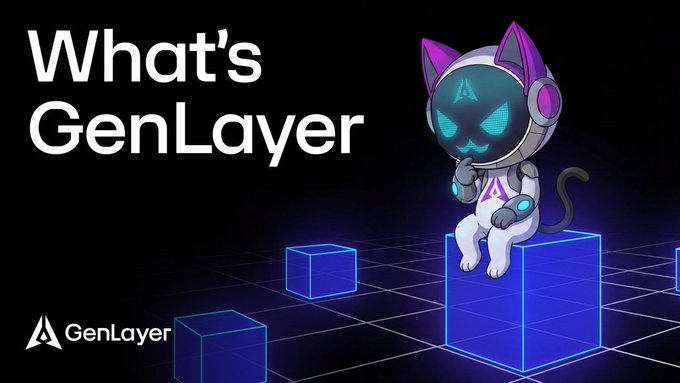A futuristic white cat character with glowing blue eyes sits on a blue cube next to the text 'What's GenLayer', with the GenLayer logo in the corner.