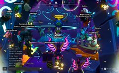 A dimly lit screenshot of an in-game map or interface from what appears to be a video game, showing various character figures, icons, and locations scattered across a dark environment with purple and blue lighting.