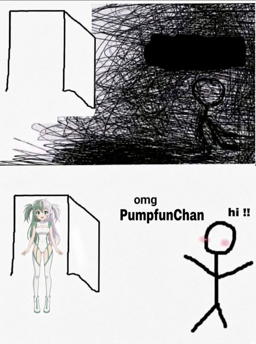 A two-panel meme depicting a chaotic scribble on top and a cute anime character named 'PumpfunChan' greeting a stick figure with 'omg' and 'hi !!' text on the bottom.