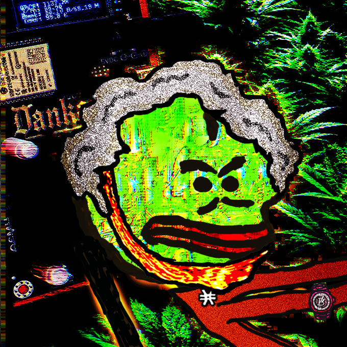 A stylized, neon-colored digital artwork featuring a green cartoonish face with a flame-like lower jaw, set against a backdrop of cannabis leaves and technical readouts with partial text 'Danki' and 'FVDC'.