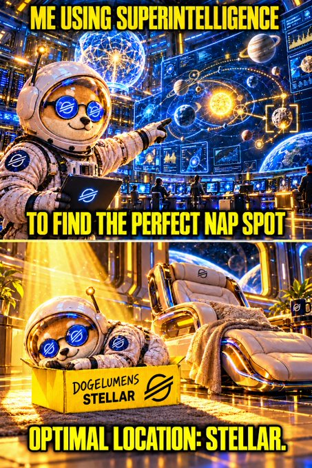 A meme graphic showing a dog in an astronaut suit using a cosmic interface to find a nap spot, then sleeping in a box labeled 'DOGELUMENS STELLAR' with the text 'OPTIMAL LOCATION: STELLAR.'