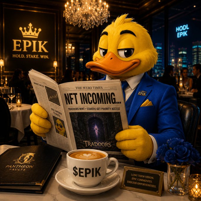 An AI-generated image of a yellow duck mascot in a blue suit reading 'THE WEB3 TIMES' newspaper with 'NFT INCOMING... TRADOOORS MINT' headline, with $EPIK branding and 'HOLD. STAKE. WIN.' signage in the background.
