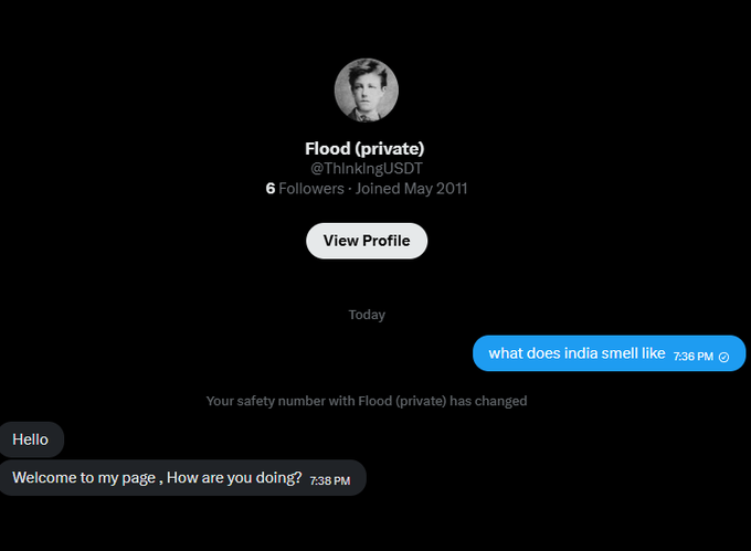 A direct message conversation screenshot from user "Flood (private)" (@ThinkingUSDT), a private account with 6 followers that joined in May 2011. The chat shows Flood asking "what does india smell like" at 7:38 PM, followed by an automatic notification that "Your safety number with Flood (private) has changed," with a "Hello" greeting and a message reading "Welcome to my page . How are you doing?" also timestamped 7:38 PM.