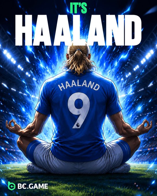 A promotional graphic for BC.GAME featuring a digital illustration of a soccer player with long blonde hair, wearing a blue 'HAALAND 9' jersey, sitting in a meditative pose in a stadium with the text 'IT'S HAALAND' above.