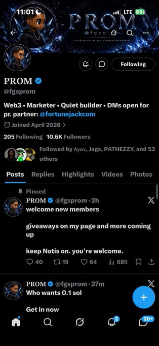 A Twitter/X profile page for 'PROM' (@fgsprom) with a verified checkmark, describing themselves as 'Web3 • Marketer • Quiet builder • DMs open' and showing pinned posts about new members and giveaways.