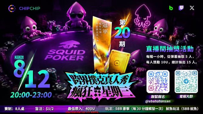 A promotional poster for "SQUID POKER" (鱿魚撲克) hosted by "CHIPCHIP" advertises a live stream event on August 12, 2025, from 20:00–23:00, featuring an 8-player 1/2 blind game with a 400U minimum buy-in, including the tagline "冠軍第20期" and details about a lottery giving away 150U in red packets, matching the post's mention of the classic Squid Poker livestream and the 150U random bullet screen reward giveaway.