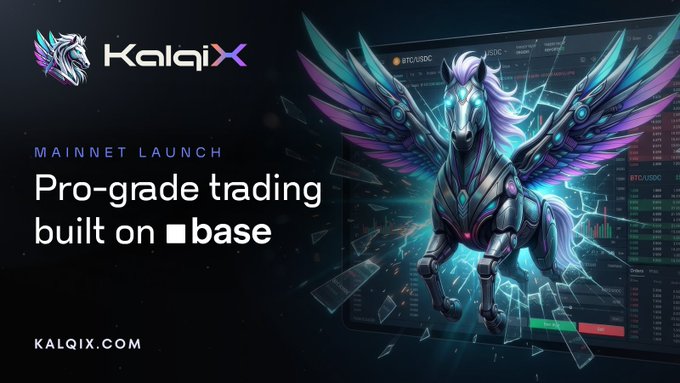 The image features a vibrant and detailed illustration of a mythical creature known as a Dragon or Pegasus, which is depicted in flight with wings spread wide. The creature's vibrant colors are highlighted against a stark black background, drawing attention to its majestic presence. In addition to this striking visual element, there is text placed below the image that reads "Mainnet Launch Pro-Grade Trading Built on Base Kalqix.com". This suggests an exciting new product or initiative related to the Dragon or Pegasus illustration and possibly related to the cryptocurrency industry.