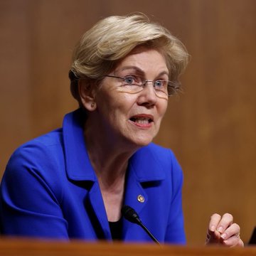 Senator Elizabeth Warren, wearing a blue blazer and glasses, is shown speaking at a podium with a microphone, gesturing with her hand as she addresses the apparent contradiction she describes in the accompanying post about industry responses to regulation.
