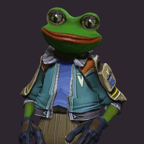 A 3D-rendered anthropomorphic frog character wearing a teal jacket with patches, a blue shirt, and brown pants against a dark background.
