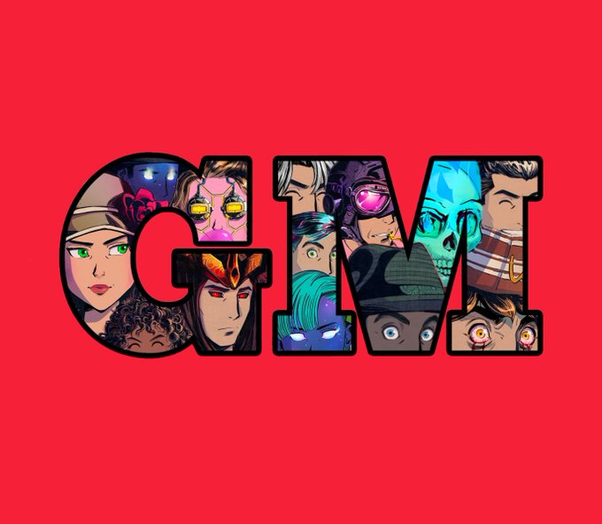 The word 'GM' in large letters filled with various illustrated characters against a solid red background.