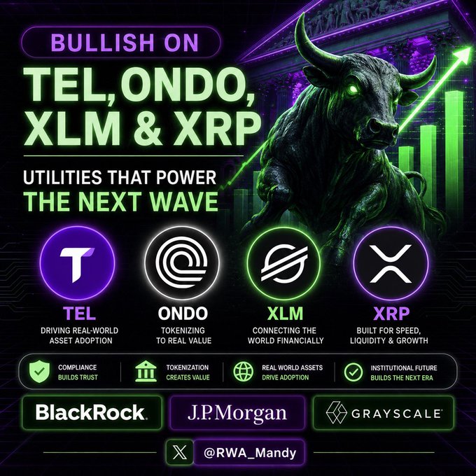 The image features a bull with horns standing next to a building, which has green neon lights surrounding it. Below the bull, there are four different logos representing various cryptocurrency tokens or assets, including Bitcoin, Ripple, XLM, and XP. The text in the image reads "Bullish on Telo, Onido, XLM & XP", indicating that someone is bullish about these particular assets.