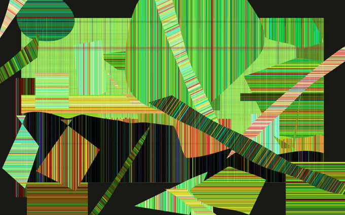 An abstract digital artwork with a chaotic glitch aesthetic, composed of sharp geometric shapes filled with vertical multicolored stripes in greens, oranges, and pinks against a black background.