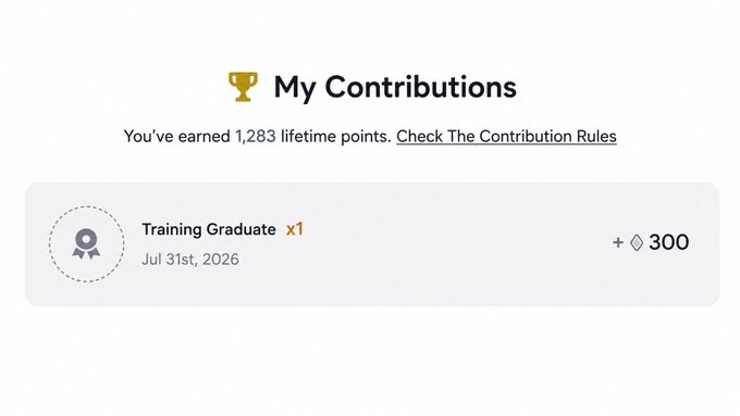 The image displays a "My Contributions" dashboard showing 1,283 lifetime points earned, with a recent credit of +300 points for a "Training Graduate" achievement dated July 31st, 2026. This visually corresponds to the post announcing that users who completed the ARC Bootcamp and earned the certificate would receive a 300-point reward, confirming the points have been credited to their account.
