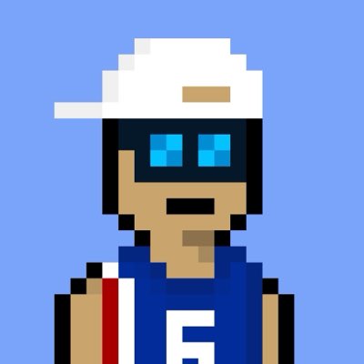 A pixel art character with dark skin, blue rectangular eyes, a goatee, a white cap, and a blue and red sports jersey with the number 5.