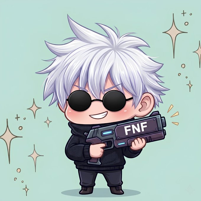 A chibi-style cartoon character with spiky white hair and round black sunglasses, smiling while holding a futuristic gun labeled 'FNF' against a pastel background with sparkles.