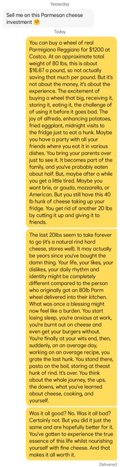 A screenshot of a text message exchange about selling wheel of cheese investments, including a Parmesano Reggiano for $1200 and references to long-term storage and partnerships.
