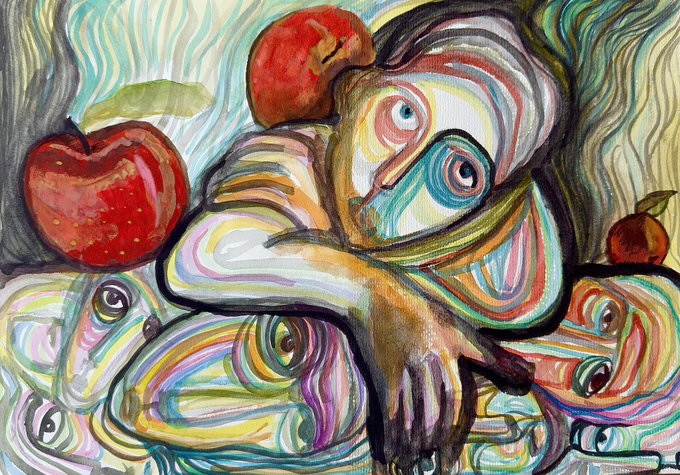 A vibrant, abstract expressionist painting featuring a distorted figure with wide eyes, accompanied by red apples and swirling colorful patterns.