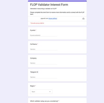 The image shows a "FLOP Validator Interest Form" with fields for email, E-posta, Full Name, Company, Telegram ID, Region, and validator setup questions. The form connects to the post about BitMEX co-founder Arthur Hayes launching Flop Labs (@flop_labs), showing how interested users can sign up to become validators for the new project.