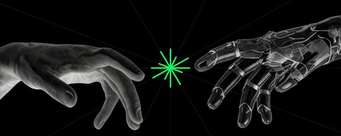 A black-and-white image showing a human hand reaching toward a robotic/mechanical hand against a black background, with a bright green starburst symbol between them representing AI-human collaboration.