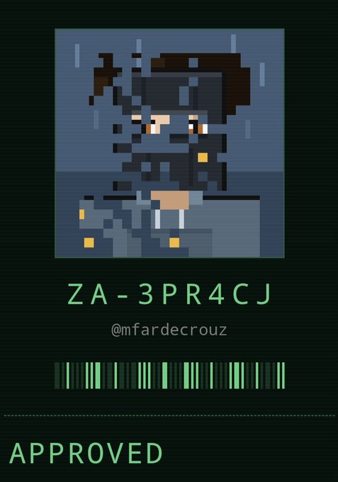 An 'APPROVED' digital ticket or pass with the username '@mfardecrouz' displays a pixel art character above a green barcode and the code 'ZA-3PR4CJ'.
