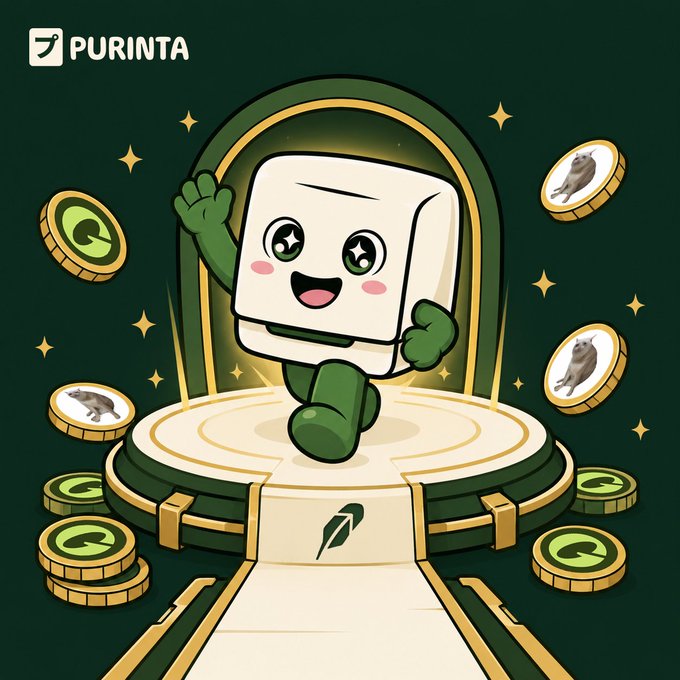 The image features a cheerful, cute white cube mascot with green arms and legs stepping out of a glowing golden portal onto a circular platform, surrounded by floating gold coins with seal/dog motifs and green "C" tokens. The "PURINTA" logo appears in the top left corner, visually representing the app's celebratory launch on Robinhood Chain by showing its mascot emerging through the blockchain portal amid a shower of rewards.