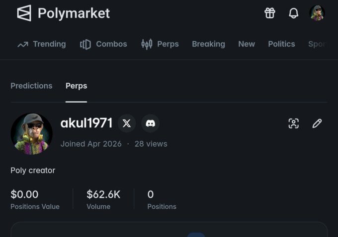 A screenshot of a Polymarket user profile for 'akul1971' on the 'Perps' tab, showing 28 views, $0.00 Positions Value, and $62.6K Volume.