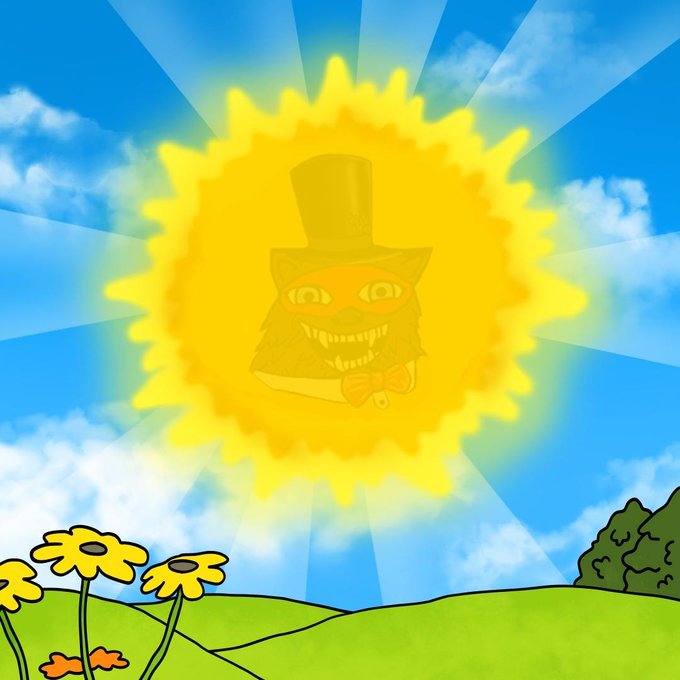 An illustration shows a sun with a cat wearing a top hat and bow tie in the center, shining over a green field with yellow flowers.