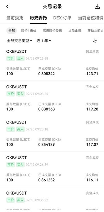 A mobile app screenshot showing a Chinese-language transaction history page ('交易记录') with multiple completed OKB/USDT buy orders at varying prices ranging from 116.11 to 123.71 USDT over several dates.