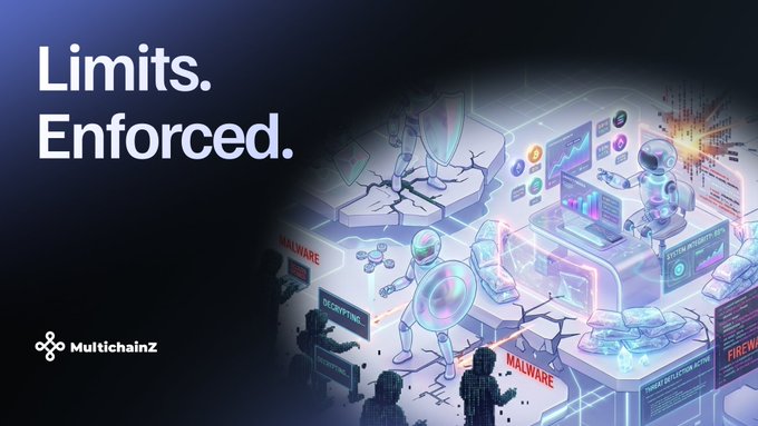 A cybersecurity advertisement banner reading 'Limits. Enforced.' by MultichainZ, depicting astronauts and robots defending against malware, ransomware, and phishing threats.