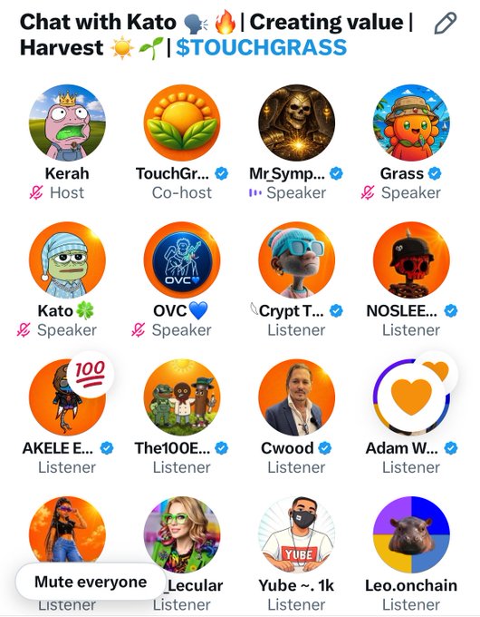 A screenshot of a Twitter/X Space titled "Chat with Kato 🎙️🔥 | Creating value | Harvest 🌟🌱 | $TOUCHGRASS" showing multiple participants with roles including Host (Kerah), Co-host (TouchGr...), Speakers (Mr.Symp..., Grass, Kato), and several Listeners.