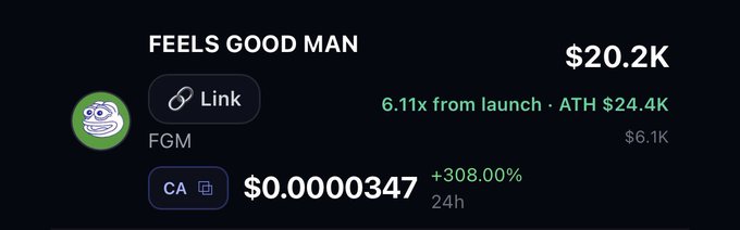 A cryptocurrency price display for 'FEELS GOOD MAN' (FGM) showing a price of $0.0000347 with a +308.00% 24h increase and $20.2K market cap.