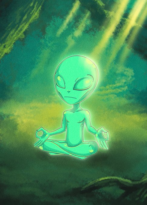 A painting-style illustration of a green alien meditating in a lotus position with glowing rays of light streaming down from above.