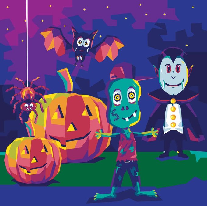 A Halloween-themed illustration with a cartoon zombie, a vampire, a bat, a spider, and jack-o'-lanterns set against a purple and blue starry background.