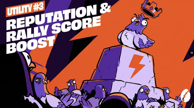 A bold graphic titled "UTILITY #3: REPUTATION & RALLY SCORE BOOST" features a cartoon bird perched atop a podium with a lightning bolt symbol, surrounded by a crowd of purple pigeons, illustrating Wingston NFT's new reputation-based utility on Rally.