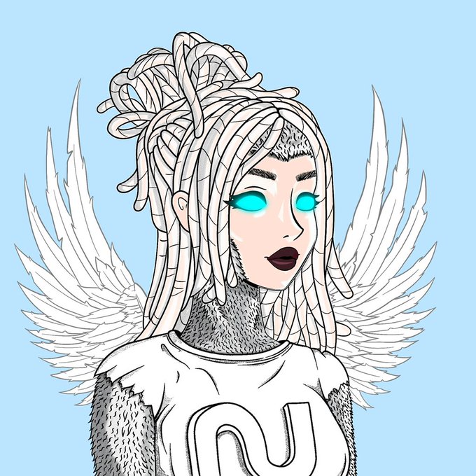 A digital illustration of a character with white braided hair in a bun, glowing cyan eyes, white feathered wings, and a shirt with a 'W' logo against a light blue background.