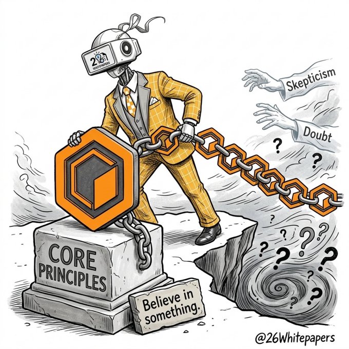 The image shows a figure in a yellow suit with a VR-style head, standing firmly on a stone pedestal labeled "CORE PRINCIPLES" while gripping a shield and a chain, anchoring against hands labeled "Skepticism" and "Doubt" reaching toward a swirling vortex of question marks, with the phrase "Believe in something" inscribed nearby and "@26Whitepapers" signed at the bottom—visually reinforcing the post's message about staying anchored to one's beliefs amid uncertainty, tying into the Web3/CoreDao ($CORE) theme of core principles.