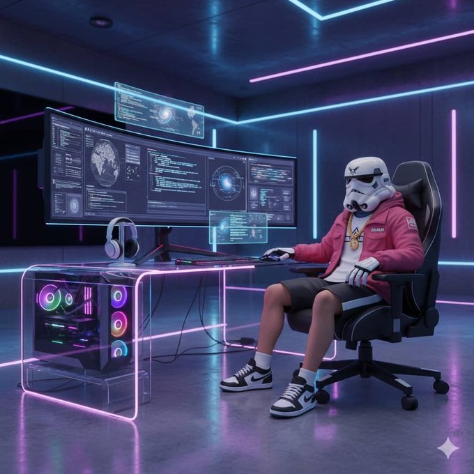 A Stormtrooper wearing a pink BAPE jacket sits at a neon-lit gaming setup with multiple monitors and an RGB PC, working on a computer in a futuristic cyberpunk environment.