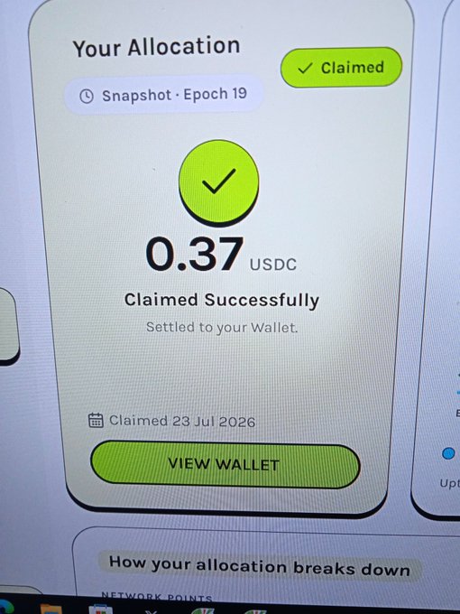 The image shows a "Your Allocation" screen displaying a successful claim of 0.37 USDC from Epoch 19 of the Grass network airdrop, settled to the user's wallet on 23 Jul 2026.

This relates to the post, which humorously complains about running Grass DePIN (depin) for two years only to receive a tiny payout of 0.37 USDC—not even enough to pay for the computer's electricity, making the user question whether they can afford to run Season 3.