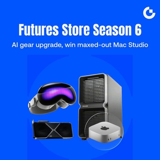 Promotional graphic for "Futures Store Season 6" on a blue background, featuring an Apple Vision Pro headset, an Apple Mac Studio desktop, and an RTX graphics card, advertising the chance to "AI gear upgrade, win maxed-out Mac Studio" through Gate's futures trading program.