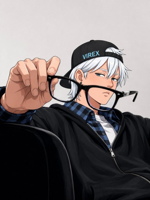 An anime-style illustration of a silver-haired character wearing a 'VIREX' cap and holding a pair of glasses.