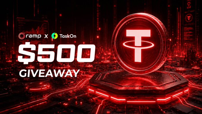 The image shows a promotional poster for a cryptocurrency giveaway, advertising $500 in Bitcoin. A large logo of a coin labeled "Tether" stands out against a dark background with glowing red neon lights. The poster also includes information about an event or task on a website called "taskonxyz".