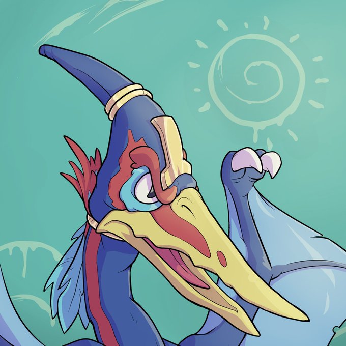 A colorful illustration of a blue, yellow, and red prehistoric bird-like creature with a long beak, set against a turquoise background with a stylized sun.