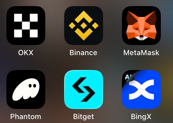 A smartphone screen displaying crypto exchange app icons: OKX, Binance, MetaMask, Phantom, Bitget, and BingX.