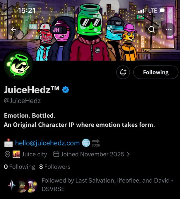 A Twitter/X profile for 'JuiceHedz™' (@JuiceHedz) with the bio 'Emotion. Bottled. An Original Character IP where emotion takes form,' featuring cartoon characters and a contact email hello@juicehedz.com.