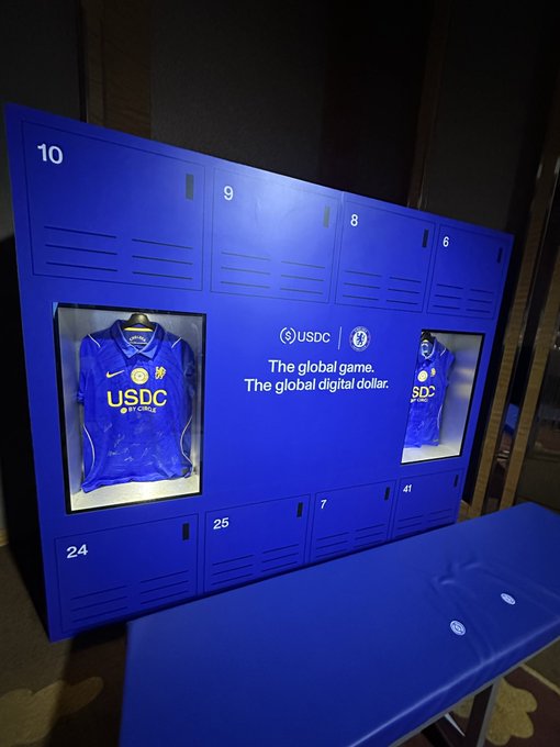 A branded locker room display showcases blue football jerseys sponsored by USDC with the tagline "The global game. The global digital dollar," alongside lockers numbered 10, 9, 8, 6, 25, 7, 4, and 24, highlighting Circle's USDC stablecoin as a pioneering jersey sponsor.