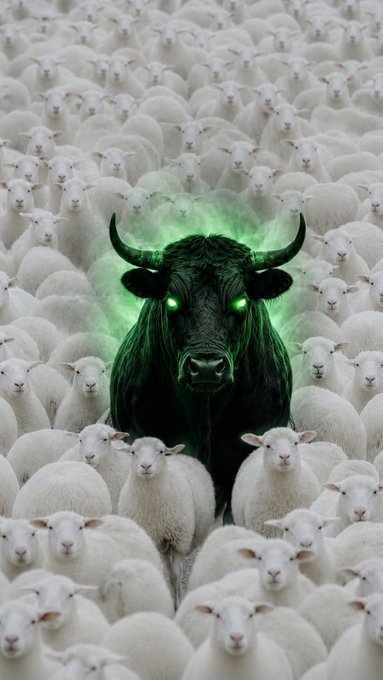 A dark bull with glowing green eyes stands out amongst a flock of white sheep, symbolizing strength and dominance within a group, likely referring to the ticker $ANSEM and the idea of "bullievers" in the stock market.