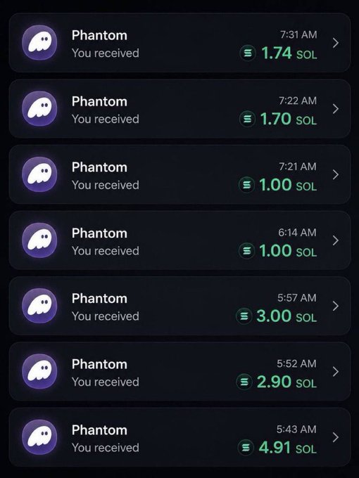 The image displays a series of Phantom wallet notifications showing incoming Solana (SOL) transactions ranging from 1.00 to 4.91 SOL, with timestamps between 5:43 AM and 7:31 AM. These notifications appear to represent participants dropping their SOL addresses in response to the "$1,000 Giveaway" post, where each entry is receiving small amounts of SOL as engagement for the contest.