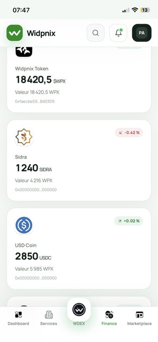 The image shows the Widpnix app's WDEX tab displaying three token balances: 18,420.5 WPX (Widpnix Token), 1,240 SIDRA, and 2,850 USDC, with values shown in WPX. This relates to the post by revealing that the Sidra token's value (1,240 SIDRA = 4,216 WPX) is indeed quoted in the platform's native WPX currency rather than directly in dollars, suggesting users must convert through WPX to understand USD value, which hints at potential opacity in pricing.